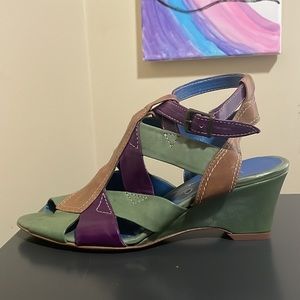 LAZIO COLLEZIONE Leather Green Purple Brown Bubba 2.5” Wedges $195 EUC 6.5